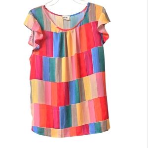 Bibi Sunshine Festive VididColorful Multicolorblock Ruffle Sleeve Top Dize L